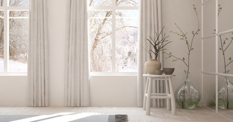 White empty room with winter landscape in window. Scandinavian interior design. 3D illustration