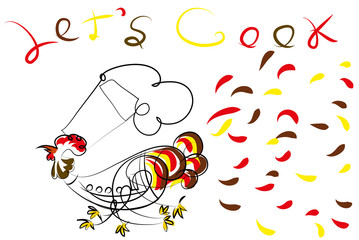 Chef rooster.

Excited chef rooster running for cooking.