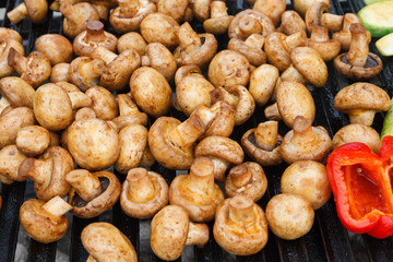 Mushroom barbecue, fried on a metal grill. Picnic in the open air