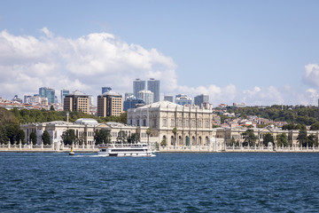 Passenger ships and reflections in the Gulf of the Golden Horn in Istanbul, Turkey.