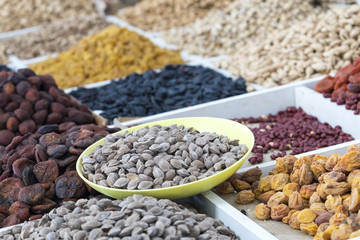 Dried fruits and nuts on local food market in Tashkent, Uzbekistan