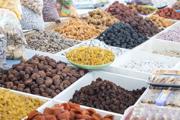 Dried fruits and nuts on local food market in Tashkent, Uzbekistan