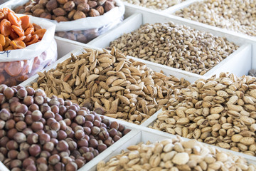 Dried fruits and nuts on local food market in Tashkent, Uzbekistan