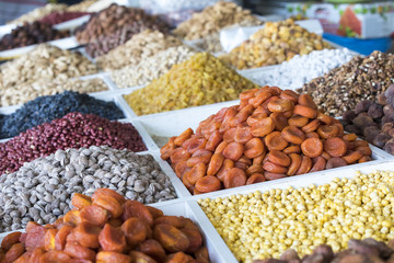 Dried fruits and nuts on local food market in Tashkent, Uzbekistan