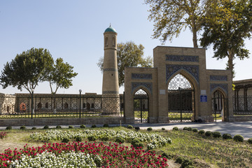 The architectural ensemble of the Jami (Friday) Mosque includes the minaret in the middle of the garden in Kokand.