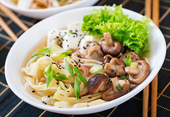 Vegan noodle soup with tofu cheese, shiitake mushrooms and lettuce in white bowl. Asian food.