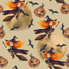 Halloween. Seamless pattern with a witch, pumpkin, moon, bat. Fantastic illustration. Cute girl on a broom.
