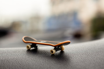 Skateboard on wet areas and background blur