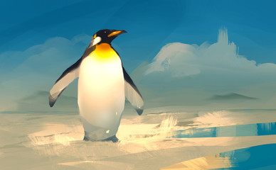 Fototapeta premium Digital illustration art painting style a emperor penguin standing on ice.
