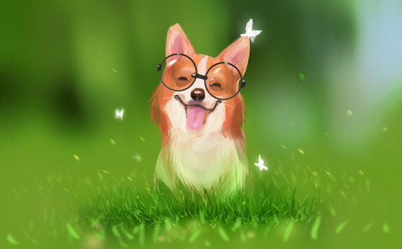 Digital illustration art painting design style a corgi dog smile and happy on spring green grass.