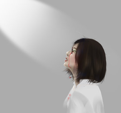 Asian woman crying with tear of blood and spotlight, digital illustration art painting design style.