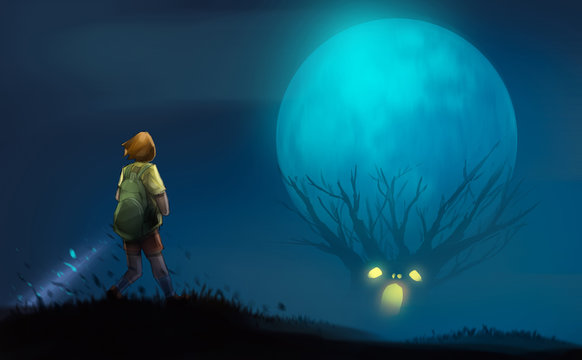 girl with flashlight standing on the hill look at to scary trees, halloween concept, digital illustration art painting design style.