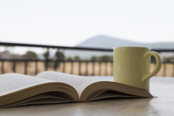 reading book concept for shop. book and coffee on the background at the outside.