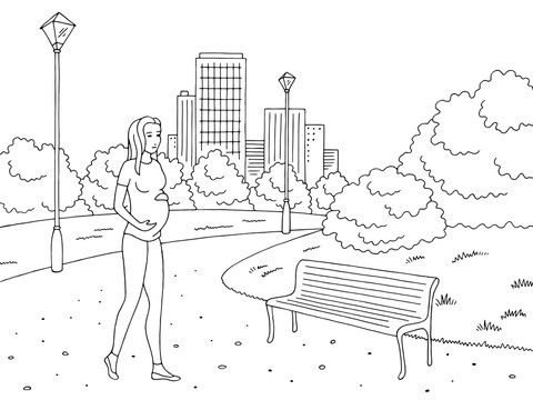Park graphic black white landscape sketch illustration vector. Pregnant woman walking