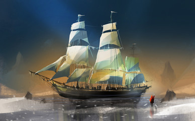 boy and dog standing on snow against big wooden sailboat, digital illustration art painting design style. - obrazy, fototapety, plakaty