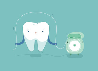 Tooth using dental floss for white teeth, dental vector concept.