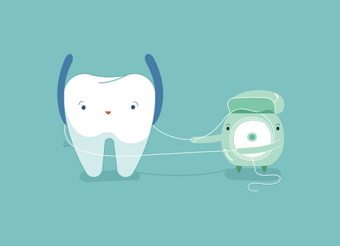 Tooth using dental floss for white teeth, dental vector concept.