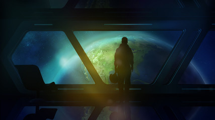 Fototapeta premium The astronaut in the ship flies to Earth