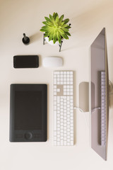 Designer workspace. Minimalistic home office. Blank screen desktop computer, Mockup desktop computer, lamp, graphics tablet, keyboard, mouse, pen, succulent plant on white desk. Copy space