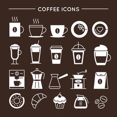 Coffee and tea linear icons set. Coffee shop equipment, cups and bakery symbols. Cafe and restaurant corporate identity design elements. Coffee house outline web pictograms. Hot drinks vector signs