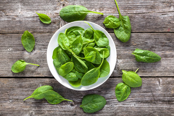 Organic spinach, plate with leaves, green vegetables, fresh food and healthy diet concept
