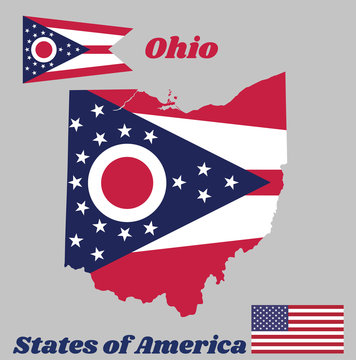 Map outline and flag of Ohio, Guidon consisting of 5 horizontal stripes alternating between red and white. The chevron is azure containing a white and red "O" and stars. With American flag.