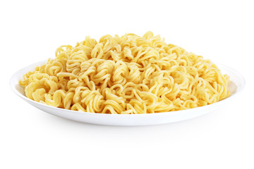 Plate of instant noodles isolated on white background.