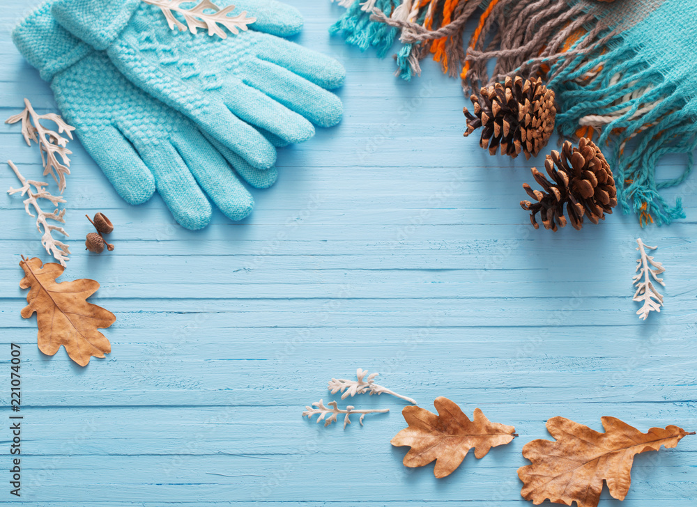 Wall mural blue gloves and autumn leaves on wooden background