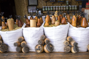 All kinds of spices on a stall at oldest Bukhara Market (Bazar). Uzbekistan.