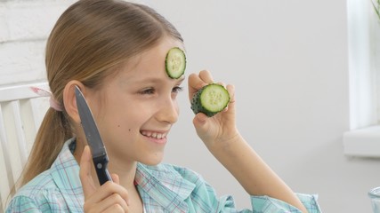 Child Preparing Green Salad in Kitchen, Girl Cutting Vegetables Healthy Meal