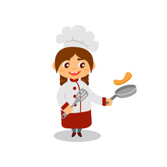 Cute girl cooking pancakes. Happy little cook with pan and spatula in hands. Kid in chef uniform and hat. Flat vector design