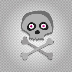 Vector cartoon skeleton scull with pink eyes isolated on transparent background.