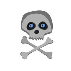 Vector cartoon skeleton scull with blue eyes isolated on white background.