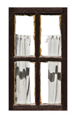 Old closed window with curtains, close-up