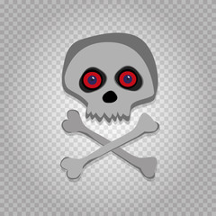 Vector cartoon skeleton scull with red eyes isolated on transparent background.
