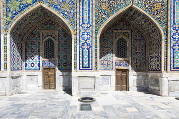 Fragment of Registan Square Mosque and Madrasah complex in Samarkand, Uzbekistan