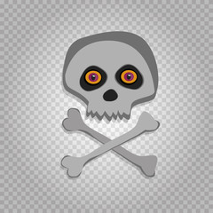 Vector cartoon skeleton scull with orange eyes isolated on transparent background.