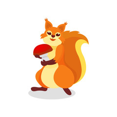 Cute squirrel with big mushroom in paws. Forest rodent with fluffy tail and tassels on ears. Wild animal. Flat vector design