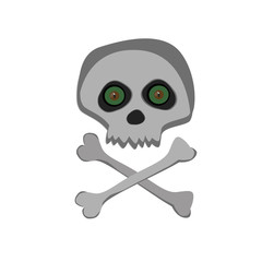 Vector cartoon skeleton scull with green angry eyes isolated on white background.