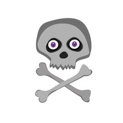 Vector cartoon skeleton scull with purple angry eyes isolated on white background.