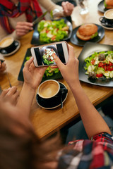 Photo On Phone. Closeup Woman Hands Photographing Food