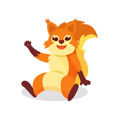 Friendly red squirrel sitting on the ground and waving paw. Forest rodent with bushy tail and tassels on ears. Flat vector design