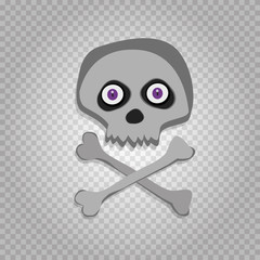 Vector cartoon skeleton scull with purple angry eyes isolated on transparent background.