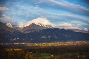 Fototapeta premium Amazing View to the Mountain Range (Stol, Vrtaca, Begunjscica) in autumn - Bled, Slovenia, Europe