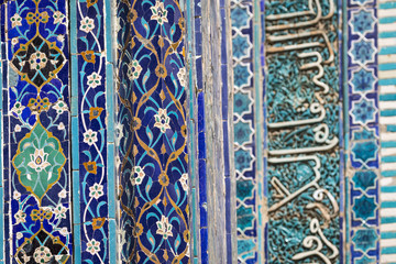 Detail of the facade of the historical holy cemetery of Shahi Zinda in Samarkand, Uzbekistan.