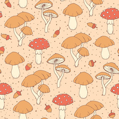 Vector autumn seamless pattern with amanita and cap mushrooms and acorns on the beige dotted background. Vintage ornament usable for wrapping paper, covers, textile, etc. - 221076258