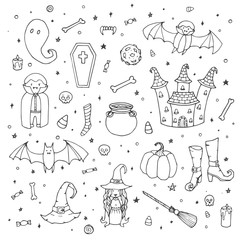 Vector Halloween set with pumpkins, ghosts, vampire, witch, hat, broom, cauldron, house, bats, bones, skulls and candy corn outline in sketch style. Hand drawn holiday collection of line art.