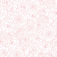 Wall murals Roses Vector seamless pattern with rose flowers pink outline on the white background. Hand drawn floral repeat ornament of blossoms in sketch style. Usable for wrapping paper, covers, textile, etc.