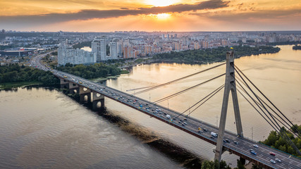 Fototapeta na wymiar North Bridge Moscow Bridge across Dnieper River, photo from drone