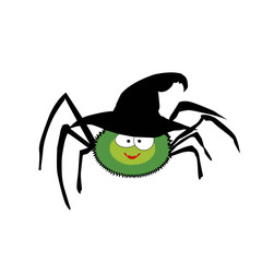 Vector illustration of cute funny green cartoon spider wearing witch hat on white
